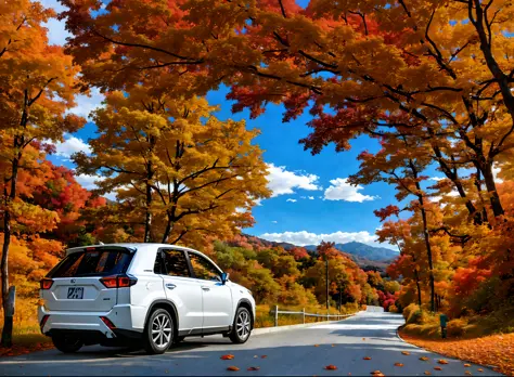In autumn, Iroha was sunny on the slope of Nikko. TOYOTA RAV4 WAS DRIVING ON A WINDING ROAD. (Autumn leaves of various colors: 1.5), the wind was blowing and the fallen leaves were dancing.