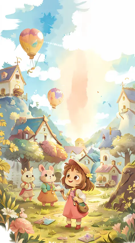 Fresh colors Watercolor children's painting Little girl Happy Balloon Castle Cloud Cute rabbit