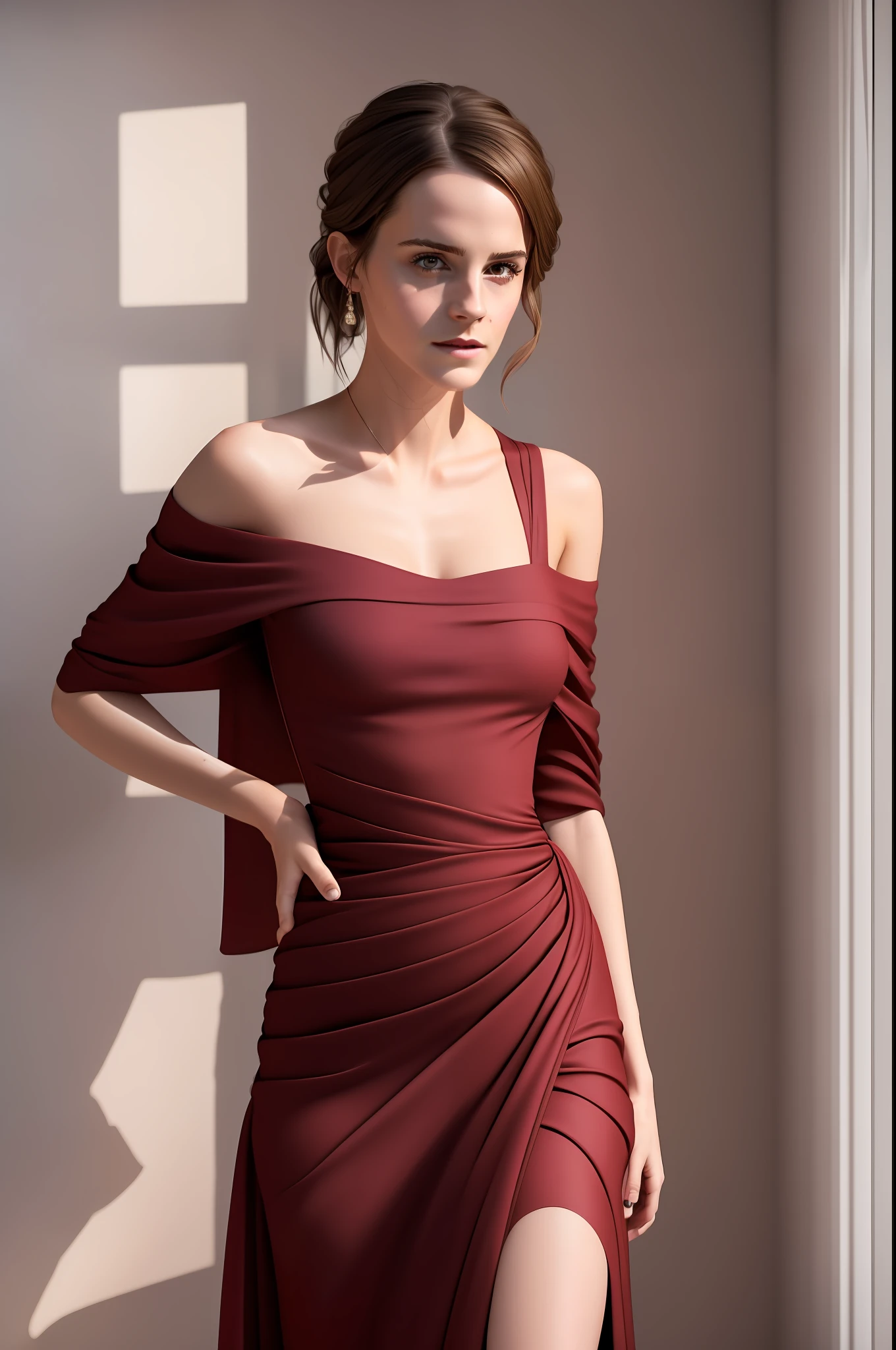 Emma Watson, A tall slender adult woman standing in dark bedroom, She wears a tight off-the-shoulder dark red long dress that is tight to her body, ((small_breasts)), collarbone, small head, (photorealistic:1.2) (best quality) (intricate details) (8K) (High Poly) (ray tracing) (cinema lighting) (Sharp focus) (detailed face), whole body, realistic skin textures, (she is 40 years old)