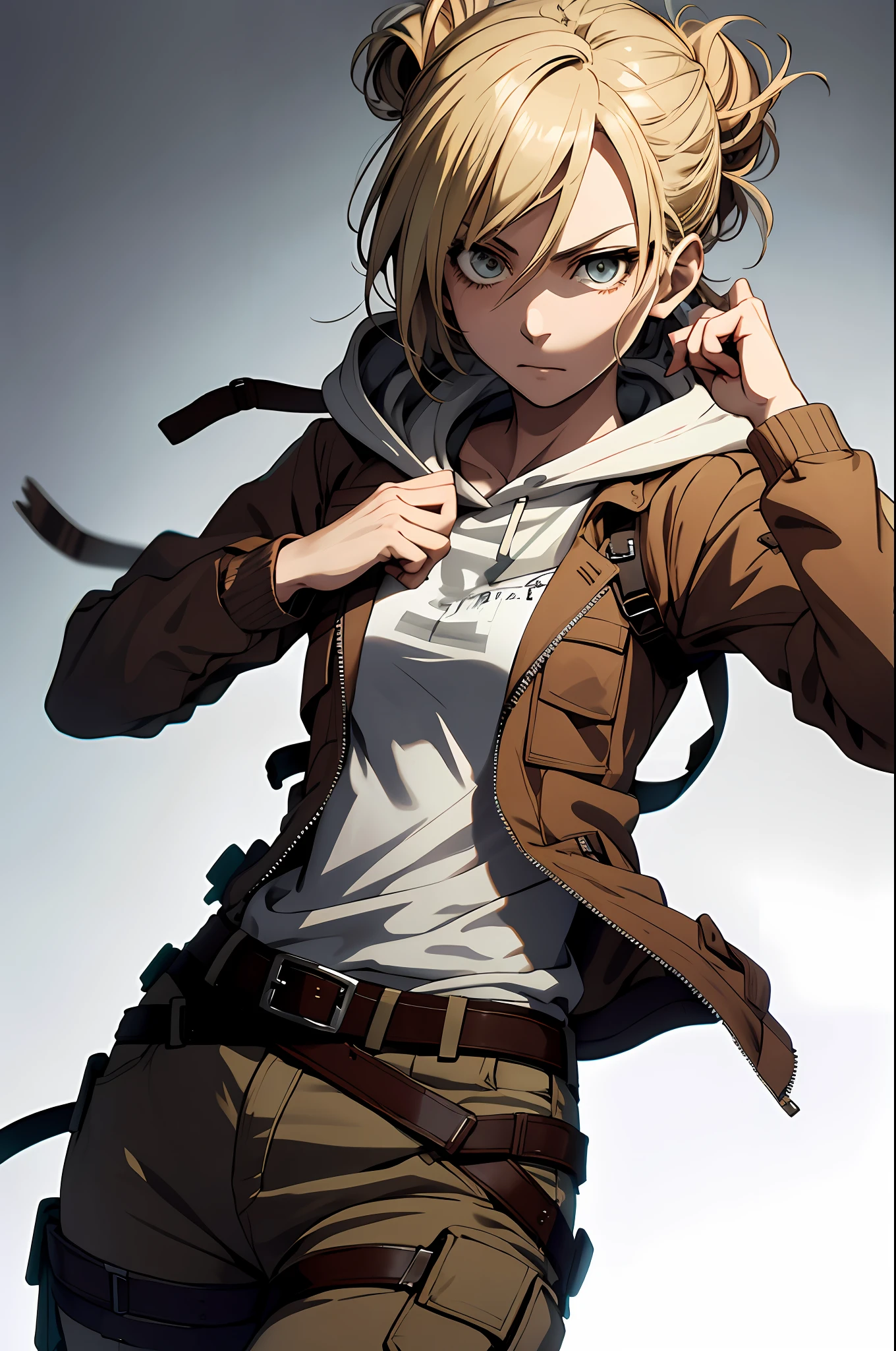 annie leonhardt, anime style beautiful woman, 1girl, solo, long sleeves, closed mouth, jacket, open clothes, belt, pants, hood, grey background, hair bun, uniform, open jacket, hoodie, hood down, buckle, brown jacket, emblem, white hoodie, paradis military uniform, fighting pose, high kicking, wide shot, highest quality, high resolution.