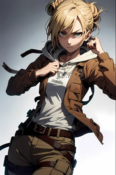 annie leonhardt, anime style beautiful woman, 1girl, solo, long sleeves, closed mouth, jacket, open clothes, belt, pants, hood, ...