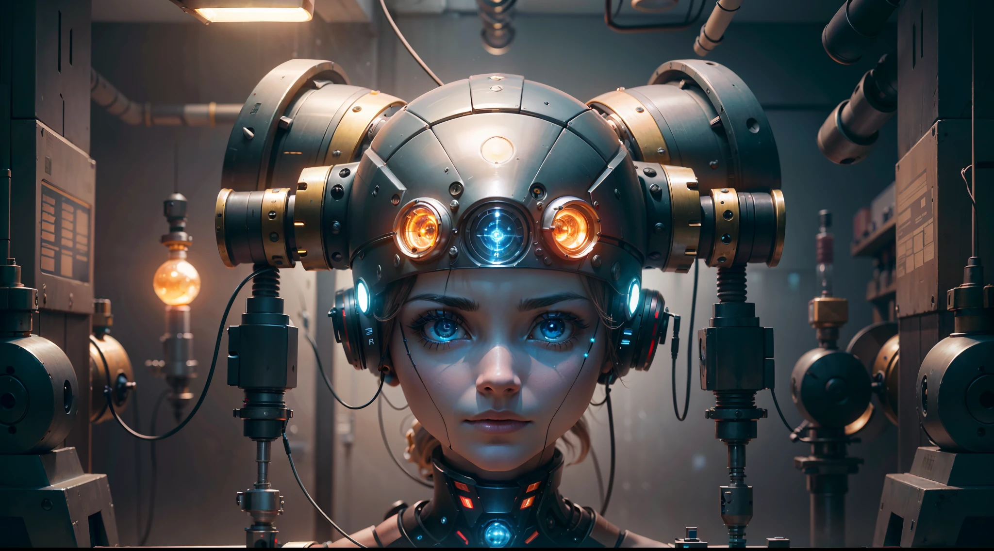 (((넓은 시야)))),(((여성 기계 머리가 실험실에 떠다닌다)))), 방 중앙에는 로봇 머리가 떠 있다, (((몸의 팔다리가 없는))), 매끄러운 금속 표면은 눈부시게 다양한 빛을 반사합니다., 방을 밝히는 중. 파이프와 파이프가 벽을 통해 굽이쳐 흐르고 있습니다., 복잡한 정밀도로 머리에 부착.

자세히 보면, 보시다시피 이것은 평범한 로봇이 아닙니다.. 머리는 전선과 케이블로 덮여 있습니다, 수많은 전기적 연결로 거의 상상할 수 없는 처리 능력을 제공합니다.. 엔진이 윙윙거리는 소리와 회로에서 흐르는 전류의 딱딱거리는 소리를 거의 들을 수 있습니다..

이것이 바로 현대 공학의 경이로움이다, 인간의 독창성과 기술의 무한한 가능성에 대한 증거. 기계의 아름다움과 금속 부품의 차가움이 결합되어 거의 소름 끼치는 효과를 만들어냅니다., 마치 살아있고 어쩐지 완전히 현실이 아닌 것처럼.

장면은 만화경 조명으로 완성됩니다., 기계의 리듬에 맞춰 깜박이고 펄스합니다.. 전반적인 효과는 아슬아슬하다., 인간의 창의성을 놀랍게 보여주다, 혁신과 상상력, 아주 좋아, 16K 해상도, (((마스터 작품)))), ((걸작)), (추억), 동적 관점, 높은 해상도, super 높은 해상도, 장대한 슈팅, 상세한, 정확한, 상세한,