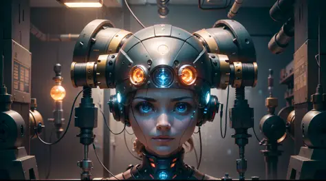 (((Broad view)))),(((A mechanical female head floats in the laboratory)))), in the center of the room floats a robot head, (((wi...