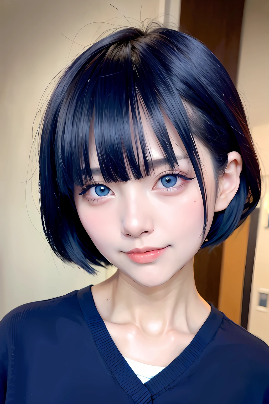 A close up of a woman with a black hair and blue eyes - SeaArt AI