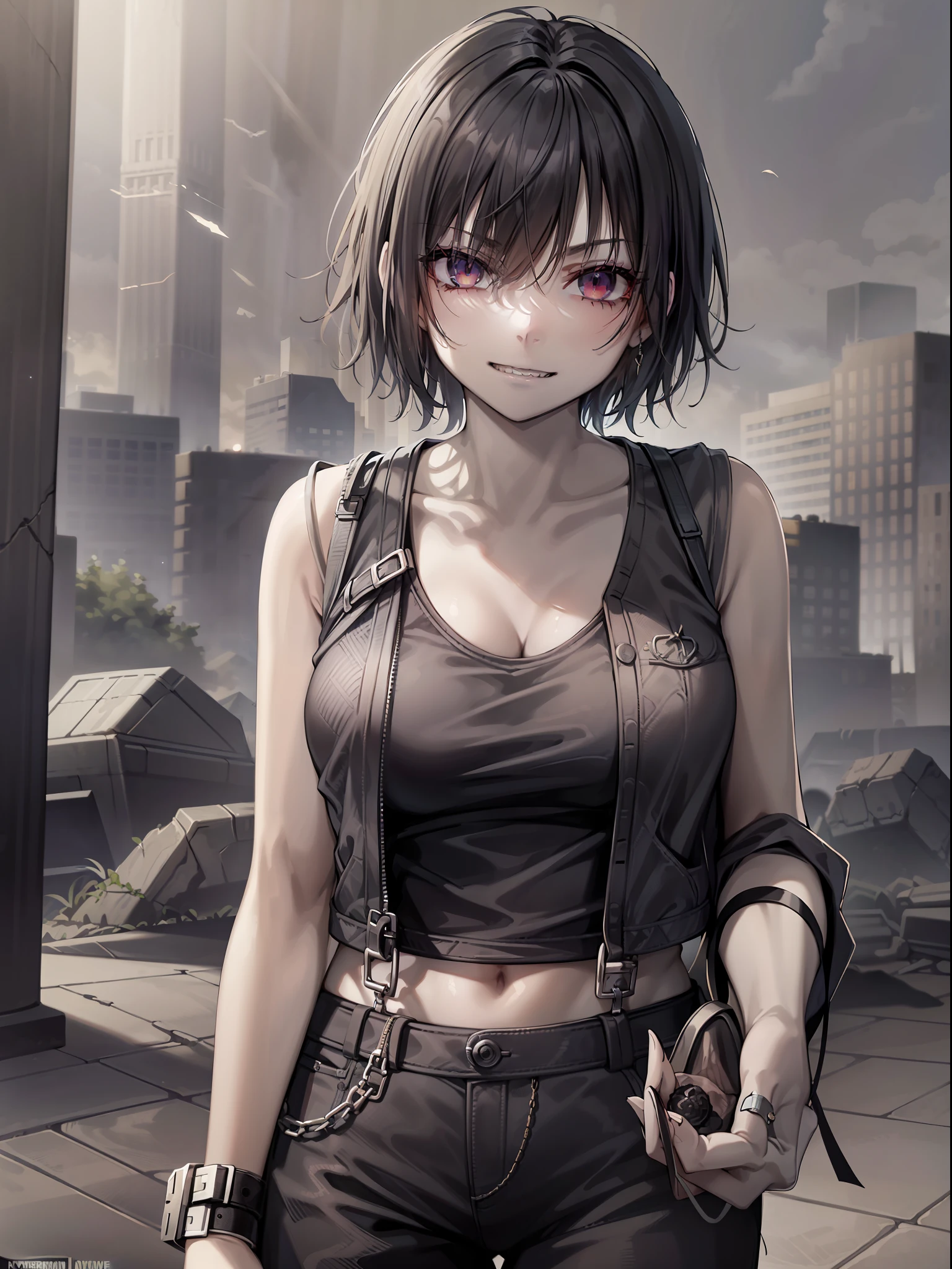 A woman with sharp teeth, visible when a mischievous smile forms on her lips. She wears a tank top with a black jacket and pants, exuding an aura of mystery and power. Her short black hair is messy, adding a scruffy, wild look. His eyes, an intense white without the presence of a retina, emanate an unearthly sensation. Deep dark circles stand out on her pale skin, evidencing her tired and haunted appearance. The environment around it is urban and dark, with ruins that testify to the passage of time and evoke a climate of desolation and decadence.