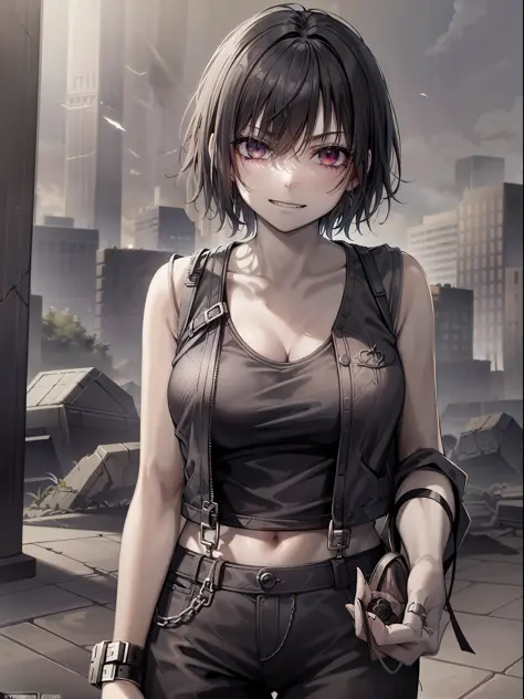 A woman with sharp teeth, visible when a mischievous smile forms on her lips. She wears a tank top with a black jacket and pants...