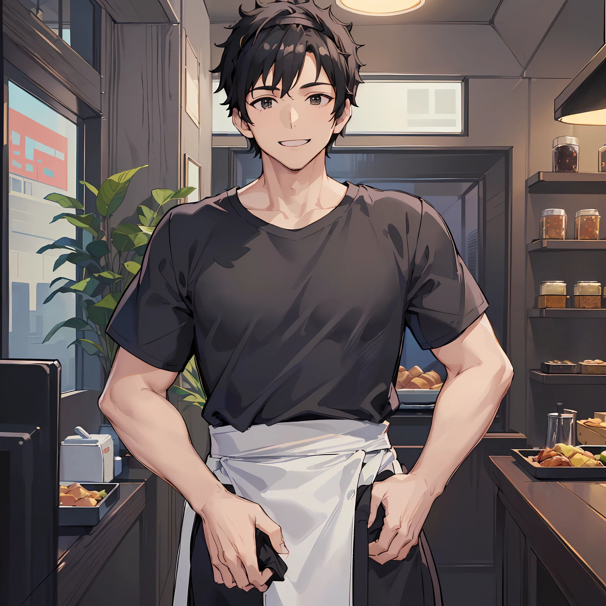 masterpiece, high quality, 1 man, smile, standing, ((very wide shot)), ((a simple black T-shirt on the upper body)), ((wearing a short black sarong apron)), black hair, short hair, ((black bandana on the head)), ((wearing long black slacks)) , at the restaurant