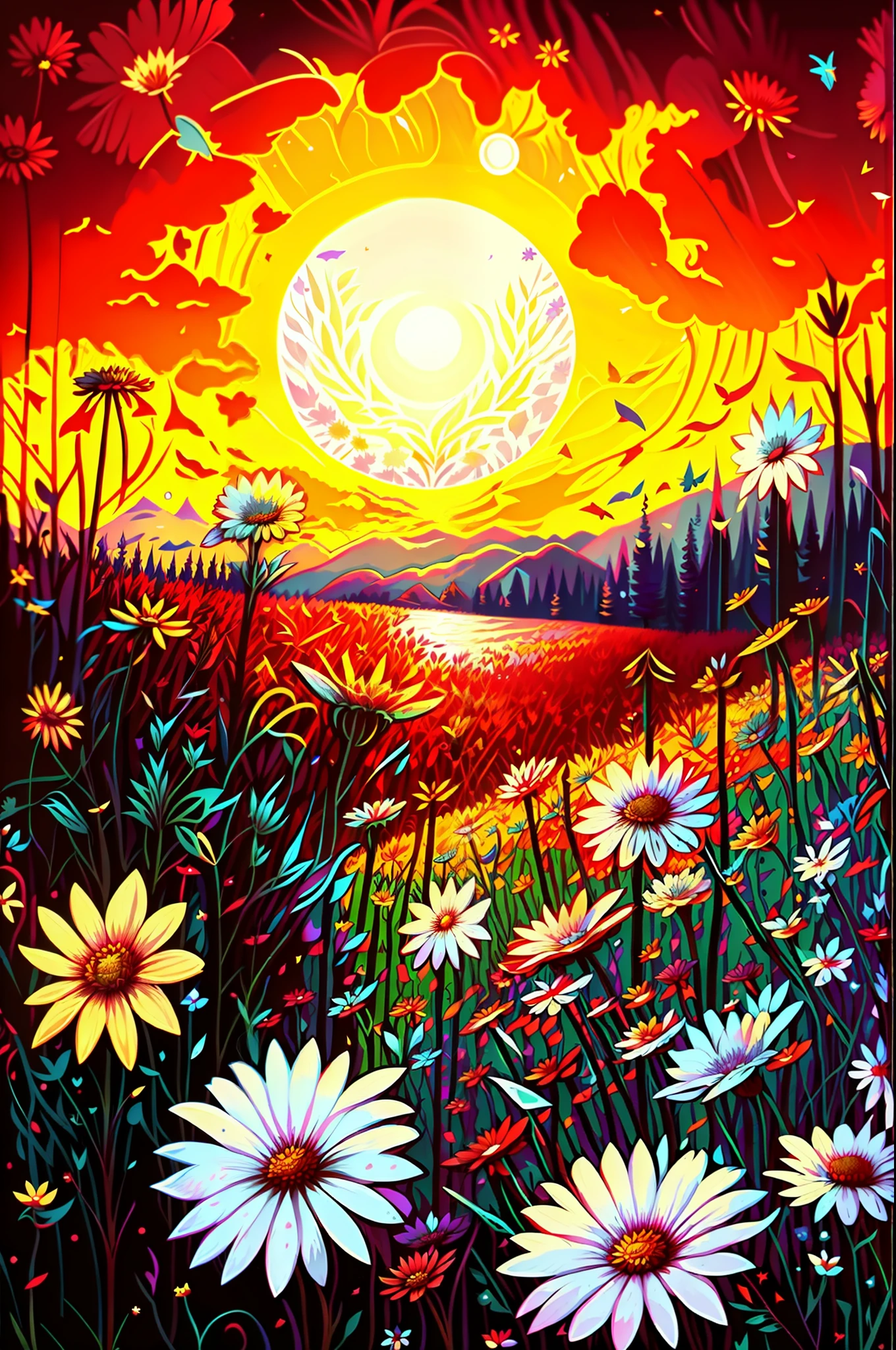 a painting of a field of daisies and other flowers, floral sunset, field of fantasy flowers, sunny meadow, the brilliant dawn on the meadow, daisies and poppies, summer meadow, moonlight shining on wildflowers, in a field of flowers, red sun over paradise, gorgeous art, beautiful art, sunset glow, whimsical art, field of flowers, whimsical fantasy landscape art, sunny afternoon