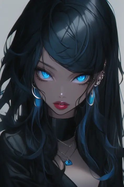 re-l from ergo proxy, black hair, pale skin, blue eys, blue eye shadow, gothic cyberpunk, looking straight, looking at camera, a...