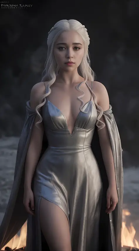 a woman in a silver dress standing in front of a fire, daenerys, daenerys targaryen, cinematic goddess body shot, from of thrones, fantasy photoshoot, cinematic goddess shot, style of game of thrones, cgsociety inspired, cinematic goddess close shot, queen...