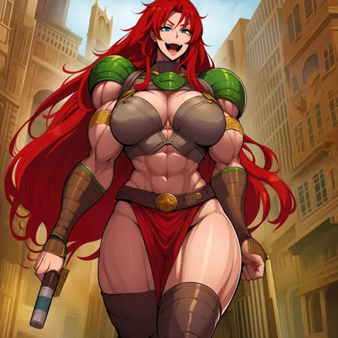 tall woman, huge chest, long hair, red hair, muscular girl portrain solo focus, 1character, revealing cloths, amazone, woman berserker, fantasy medieval,walking, open mouth smile