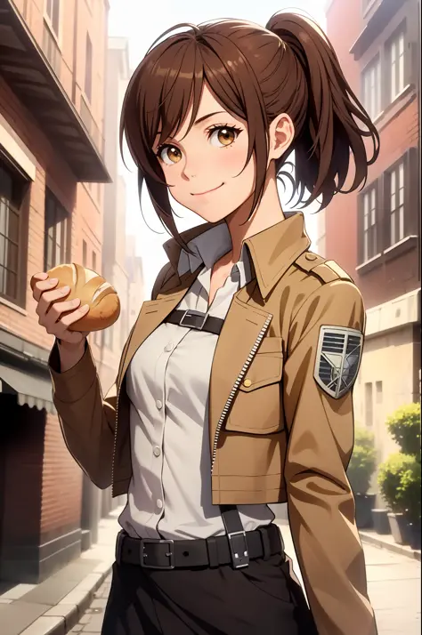 Sasha, (masterpiece, best quality:1.2), upper body, solo, 1girl, sasha braus, smile, looking at viewer, holding food, bread, smile, paradis military uniform, jacket, , wide shot, highest quality, high resolution.