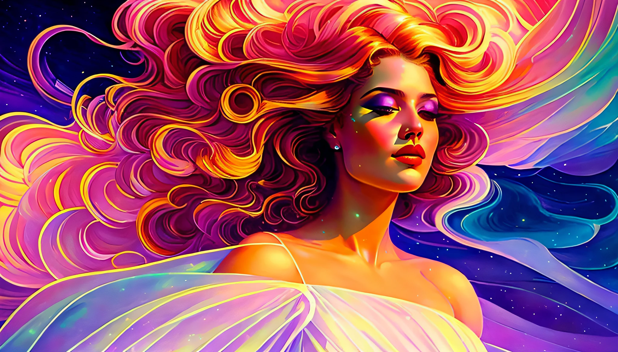 a celestial angel concert by W Elvgren Ross and Laurie Greasley oil painting emily poulmus wearing flowing summer dress greg staples eyes colorful pastel lighting plastic sheet concept artwork multiple medium distant thick spike smoke