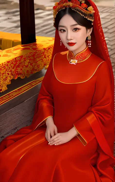 araffe woman in a red dress sitting on a bench, ao dai, traditional chinese, chinese dress, traditional chinese clothing, cheong...