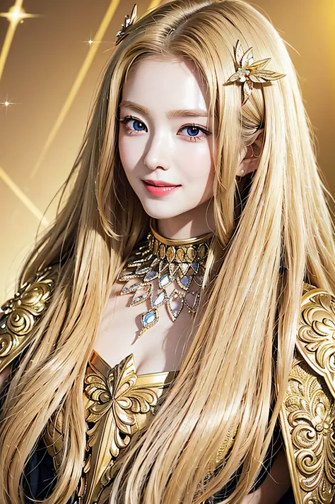 golden diamond armor, long blonde hair, golden pupils, golden light background, golden transparent wings, diamond texture, smili...