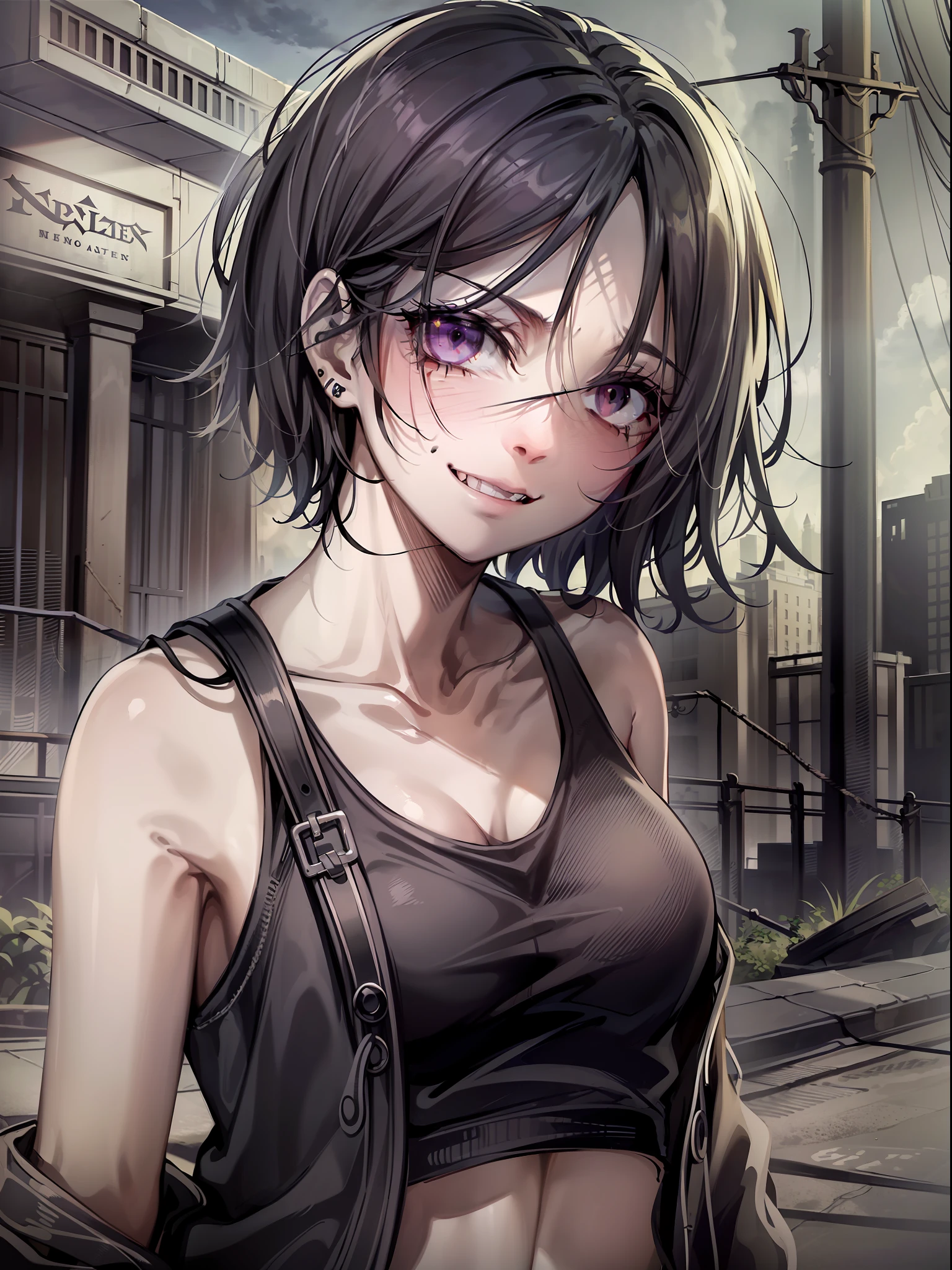 A woman with sharp teeth, visible when a mischievous smile forms on her lips. She wears a tank top with a black jacket and pants, exuding an aura of mystery and power. Her short black hair is messy, adding a scruffy, wild look. His eyes, an intense white without the presence of a retina, emanate an unearthly sensation. Deep dark circles stand out on her pale skin, evidencing her tired and haunted appearance. The environment around it is urban and dark, with ruins that testify to the passage of time and evoke a climate of desolation and decadence.