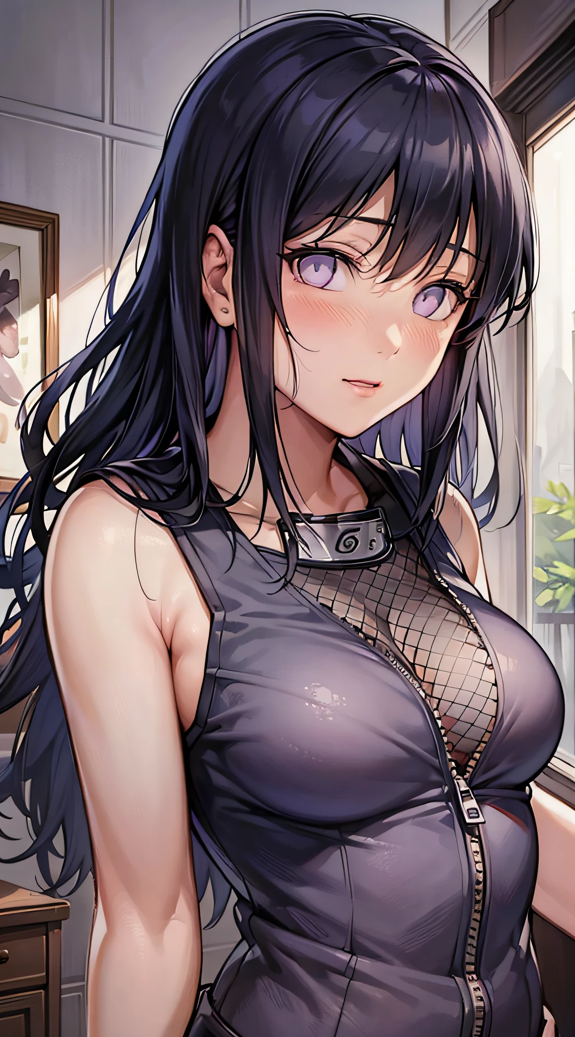 Masterpiece, High definition, high quality, detailed face, detailed body rendering, 1girl, solo, Hinata Hinata, Hinata sleeveless clothing,room,, sleeveless shirt,( fishnet garment), dark lips, unzipper jacket, no bra, breasts out, standing, blush, (in bedroom)