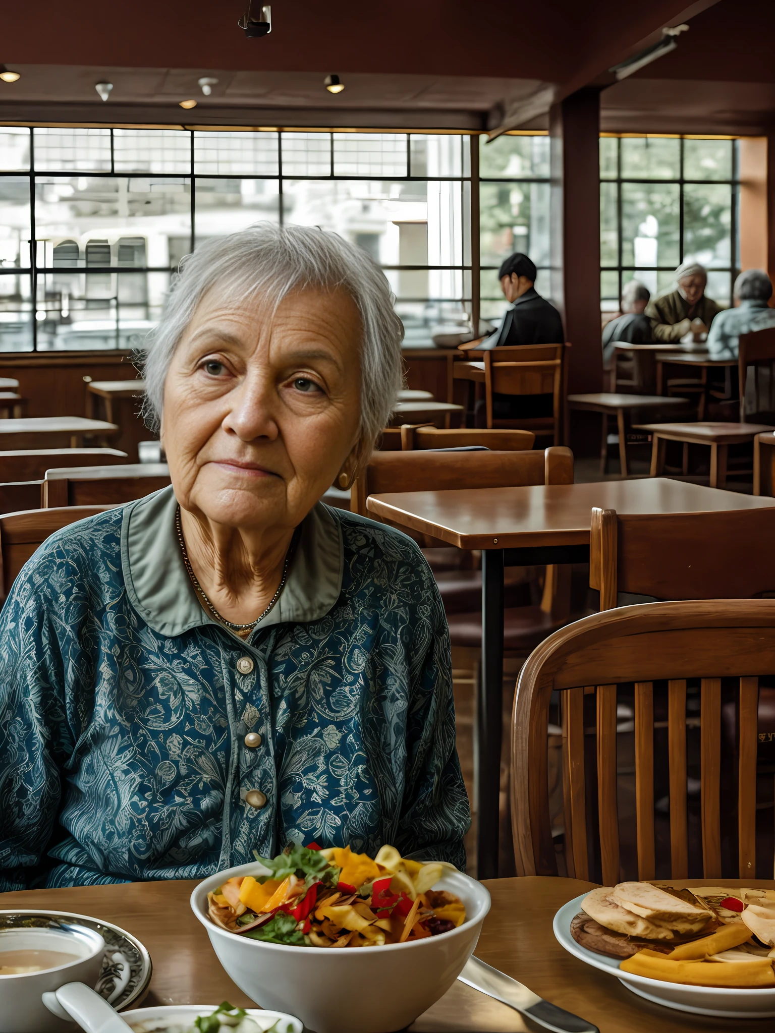 old woman in cafeteria, intricate details, hdr, intricate details, hyperdetailed, cinematic, dark shot, muted colors, film grainy, soothing tones, muted colors, technicolor, (muddy:0.6), (masterpiece: 1.3), fujifilm x3, raw photo