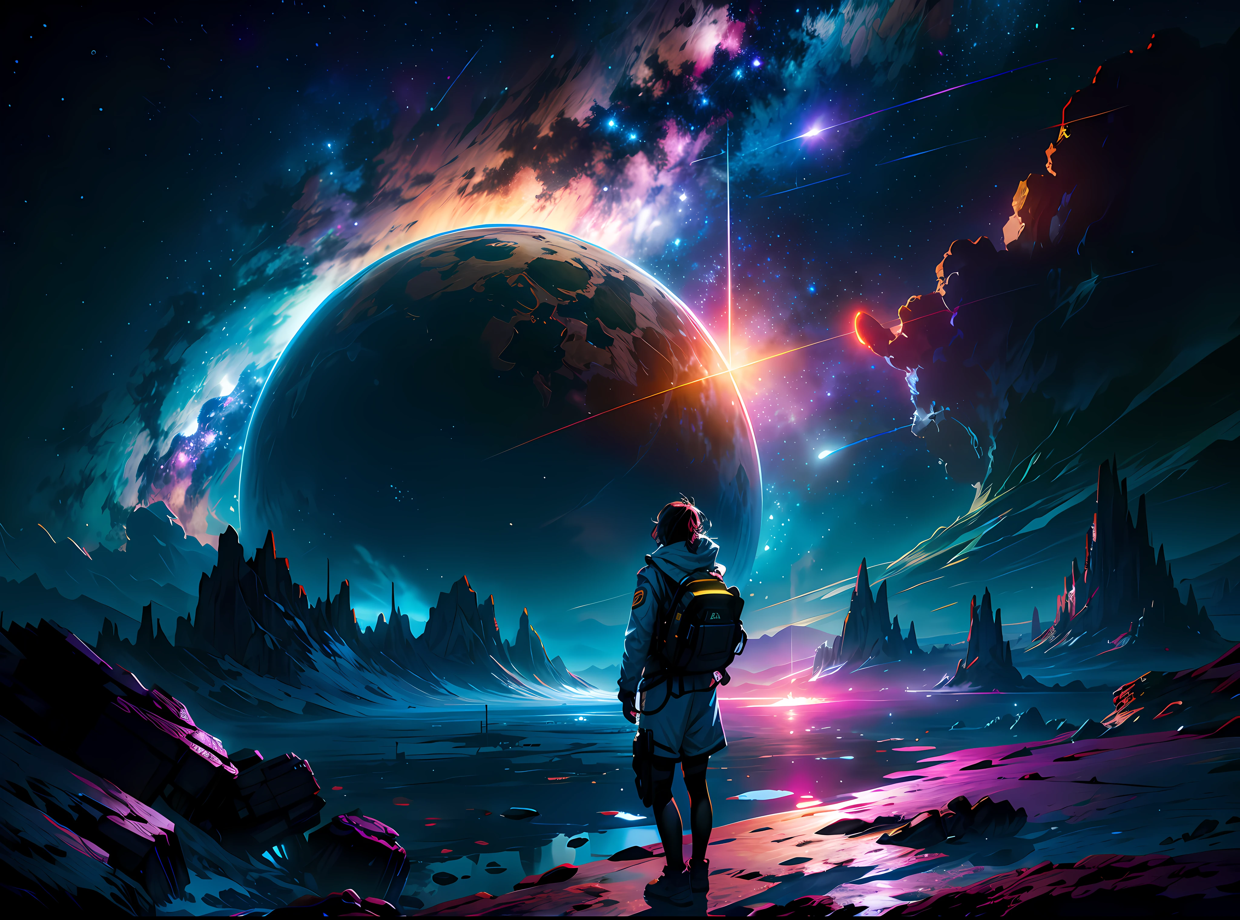 Draw a young female programmer, sitting on a research platform floating in the middle of an asteroid belt.She is studying with a notebook, surrounded by several asteroids glowing with fiery auras BREAK Dramatic lighting from distant stars and planets illuminates the scene, casting deep shadows on the suit. The young woman looks confident and determined, looking at the vast and mysterious universe with wonder and respect,BREAK,Detailed,Realistic,4k highly detailed digital art,octane render, bioluminescent, BREAK 8K resolution concept art, realism,by Mappa studios,masterpiece,best quality,official art,illustration,ligne claire,(cool_color),perfect composition,absurdres, fantasy,focused,rule of thirds