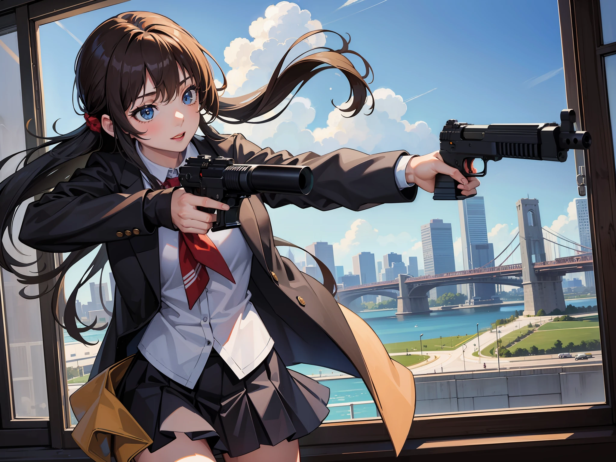 ((best quality)), ((masterpiece)), ((high res)), 1girl, high , city backdrop, cowboy shot, guns akimbo, shooting her pistols, shell casings, diving into plate glass window.