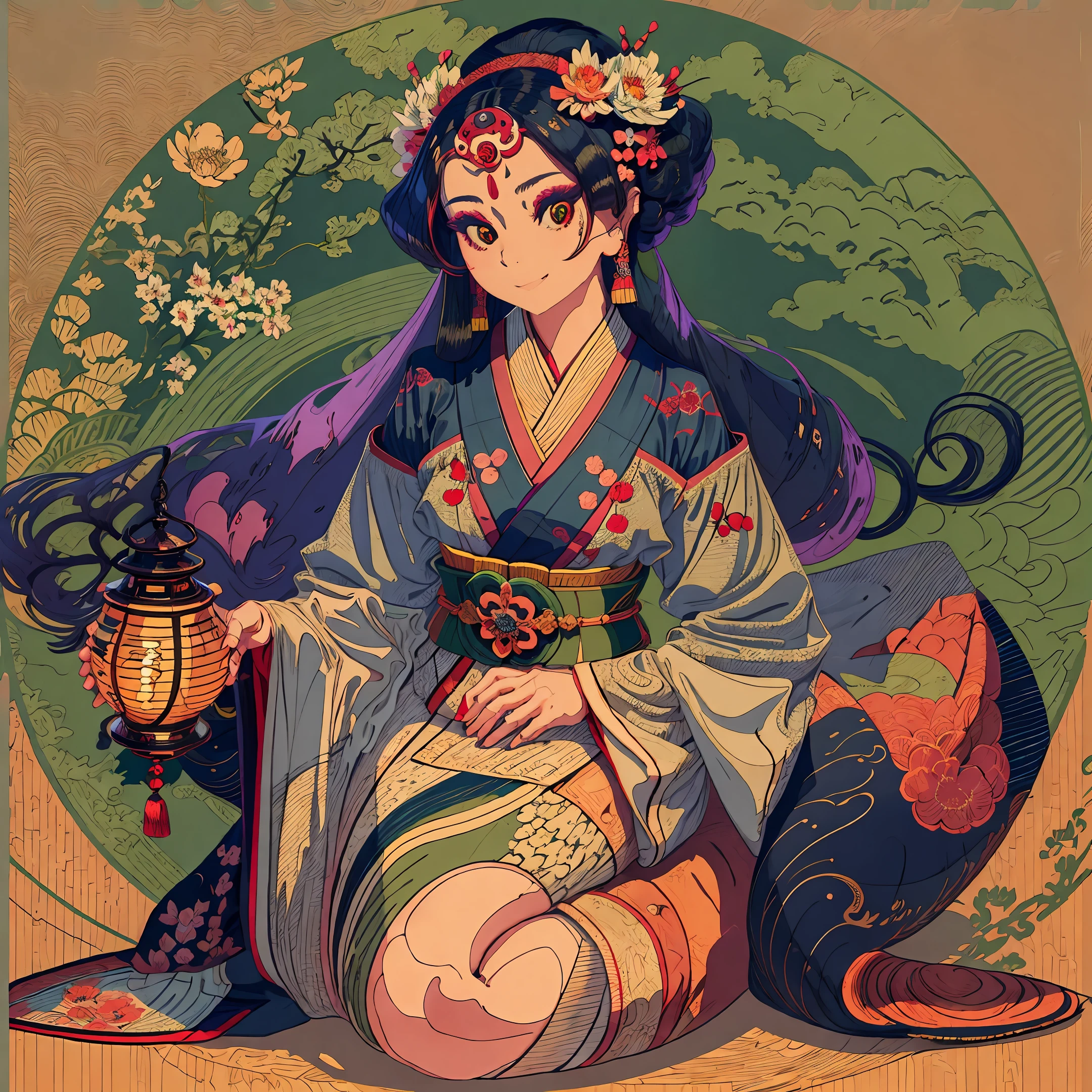 full body shot, a masterpiece of erotic art, a Japanese geisha in a beautiful dark blue brocade kimono with patterns in the form of sakura inflorescences sits in a traditional sitting position, a cutout on the chest reveals a beautiful decal, a beautiful traditional hairstyle on her head with a beautiful carved hairpin is detailed on her head,  in detail the eyes are bright green, the face is in detail a beautiful oval shape with neat facial features, the mood is a slight smile, the eyes laugh, in her hands. The geisha is a Japanese plucked instrument she plays on it, the lighting is subdued, Japanese lanterns are burning, high detail details of the photo, clear focus, 32k,  photorealism style, photorealistic --auto --s2