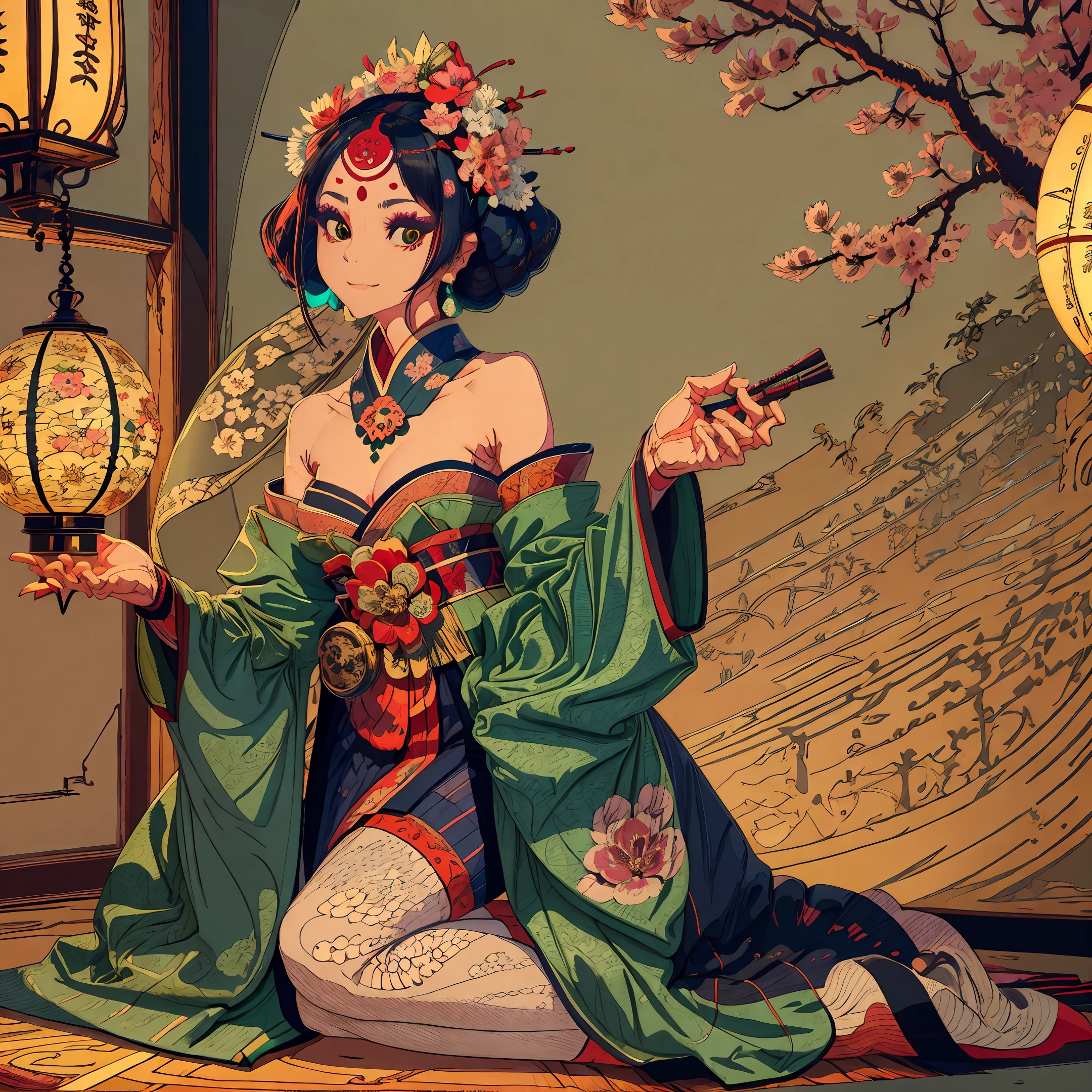 Prise de vue complète du corps, un chef-d&#39;œuvre de l&#39;art érotique, une geisha japonaise dans un magnifique kimono en brocart bleu foncé avec des motifs en forme d&#39;inflorescences de sakura est assise dans une position assise traditionnelle, une découpe sur la poitrine laisse apparaître un joli décalque, une belle coiffure traditionnelle sur la tête avec une belle épingle à cheveux sculptée est détaillée sur sa tête,  en détail les yeux sont vert vif, le visage est en détail une belle forme ovale avec des traits du visage soignés, l&#39;ambiance est un léger sourire, les yeux rient, Dans ses mains. La geisha est un instrument à cordes pincées japonais sur lequel elle joue, l&#39;éclairage est tamisé, Les lanternes japonaises brûlent, détails très détaillés de la photo, concentration claire, 32k,  style photoréaliste, photoréaliste --auto --s2