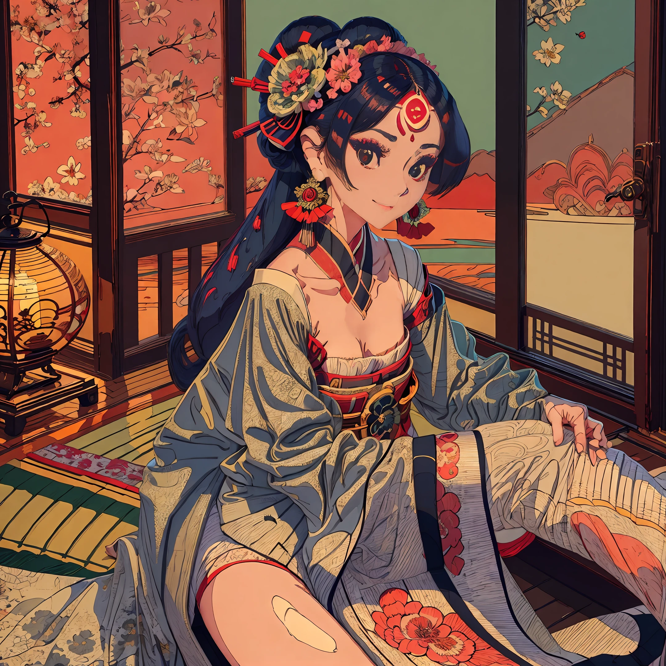 Ganzkörperaufnahme, ein Meisterwerk erotischer Kunst, eine japanische Geisha in einem wunderschönen dunkelblauen Brokat-Kimono mit Mustern in Form von Sakura-Blütenständen sitzt in einer traditionellen Sitzposition, ein Ausschnitt auf der Brust offenbart einen schönen Aufkleber, Sie hat eine wunderschöne traditionelle Frisur mit einer wunderschön geschnitzten Haarnadel auf dem Kopf.,  im Detail sind die Augen hellgrün, Das Gesicht hat im Detail eine schöne ovale Form mit gepflegten Gesichtszügen, die Stimmung ist ein leichtes Lächeln, die Augen lachen, in ihren Händen. Die Geisha ist ein japanisches Zupfinstrument, das sie darauf spielt, die Beleuchtung ist gedämpft, Japanische Laternen brennen, hohe Detaildetails des Fotos, Klarer Fokus, 32k,  Fotorealismus-Stil, fotorealistisch --auto --s2