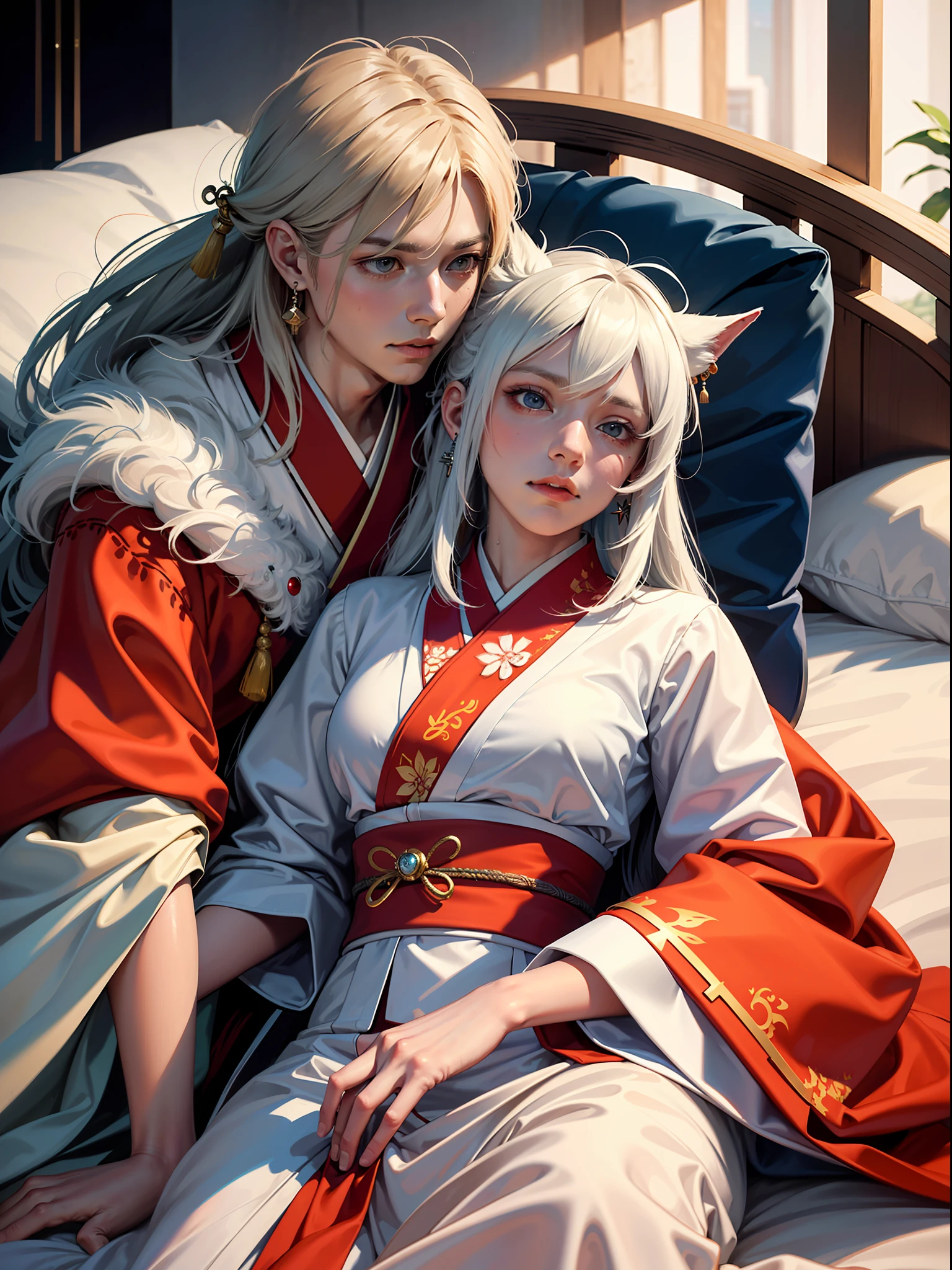 Concept Art, "1 Couple, Male Focus, Fin Ears, Multicolored Hair, Handsome Boy, Long White Hair, Tassels, Bangs, Carp, Colorful, Bold Colors, White Kimono, (Open) Kimono, Traditional Chinese Clothing, Close-up, Intimate Interaction in Bed, Stud Earrings, Rings, Sweat, Illuminate People", Colorful, Master Composition, Focus on Key Figures, Realism, Masterpiece, Award-Standing, Best Quality, Masterpiece, Ultra Detailed, 8K, Extremely Detailed CG Unity 8k wallpaper, complex, highly detailedrealistic