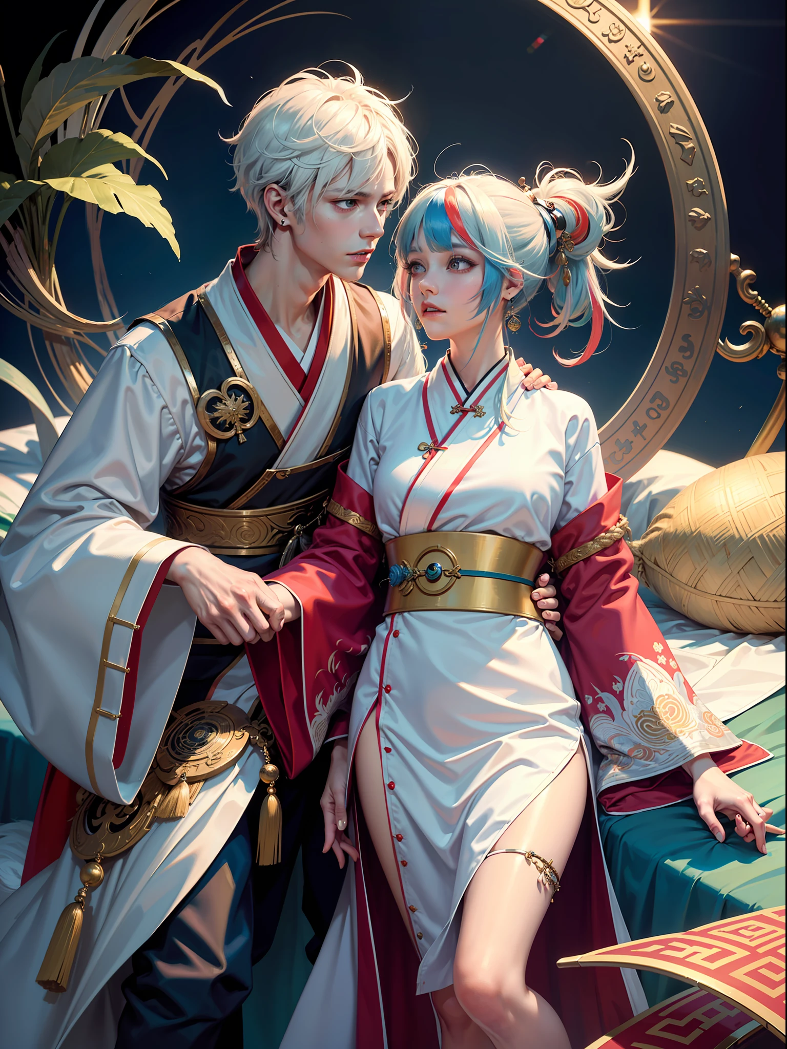 Concept Art, "1 Couple, Male Focus, Fin Ears, Multicolored Hair, Handsome Boy, Long White Hair, Tassels, Bangs, Carp, Colorful, Bold Colors, White Kimono, (Open) Kimono, Traditional Chinese Clothing, Close-up, Intimate Interaction in Bed, Stud Earrings, Rings, Sweat, Illuminate People", Colorful, Master Composition, Focus on Key Figures, Realism, Masterpiece, Award-Standing, Best Quality, Masterpiece, Ultra Detailed, 8K, Extremely Detailed CG Unity 8k wallpaper, complex, highly detailedrealistic