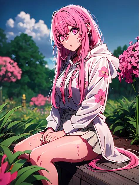 nankotobuki \ (shinobi no ko \), hoodie, realistic, 3d, wet, open clothes, flower garden, one girl with long pink hair sitting i...