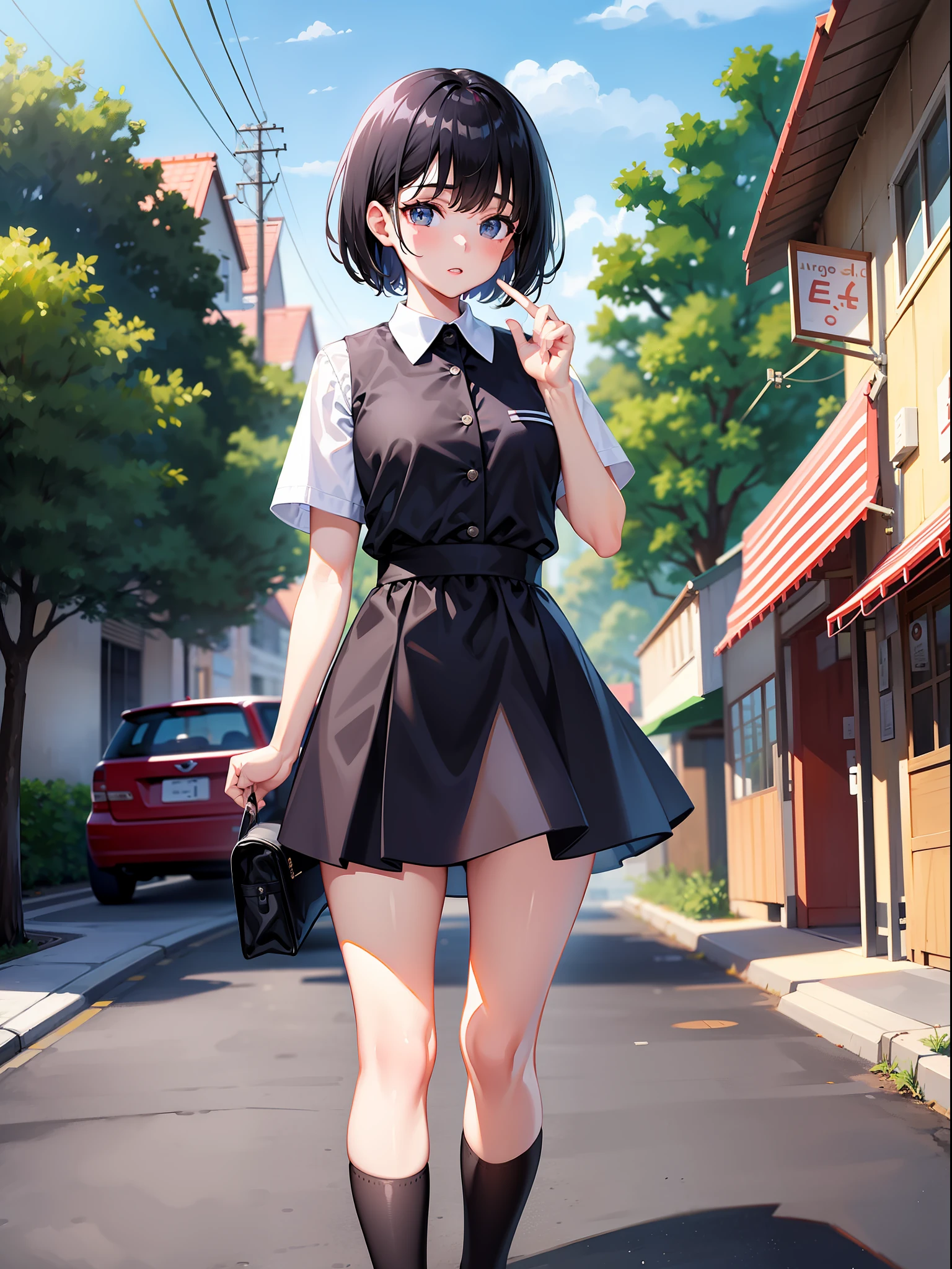 Anime girl in a short skirt and shirt walking down a street - SeaArt AI