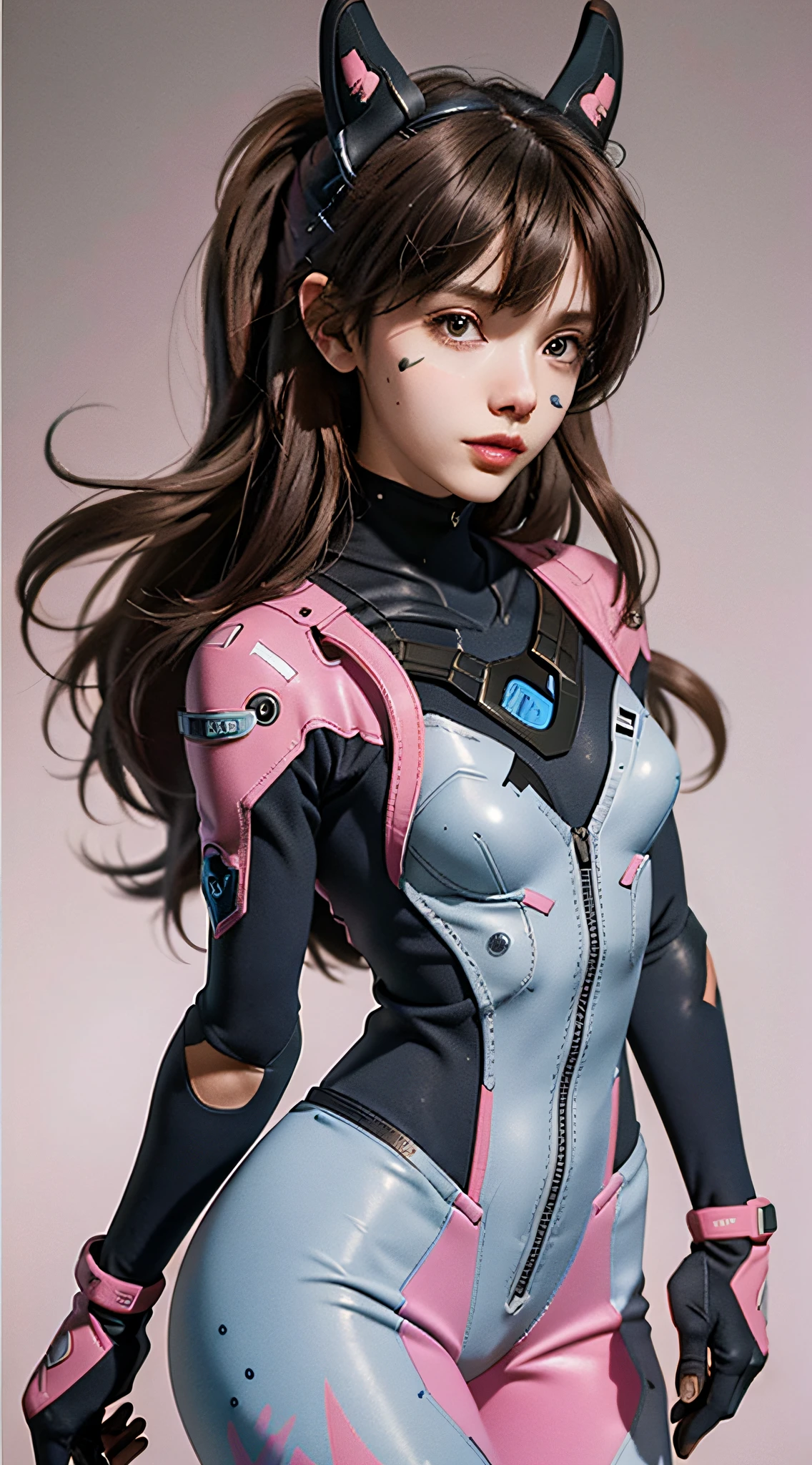 ((Reality)) photo, masterpiece, highest quality, 1 girl, slim waist, straight breasts, big breasts, extremely delicate beautiful girl, dynamic pose, (to8 contrast style), d.va (Overwatch), solo, long hair, beard markers, ((tights)), brown hair, face markings, gloves, brown eyes, pilot suit, denim lens, headphones, white gloves, buttocks, sweeping bangs, skinny, animal print, bangs, bunny print, ribbed leotard, topcoat, pink lips, ( Gray background: 1.2), simple background, (kbxll:0.6)