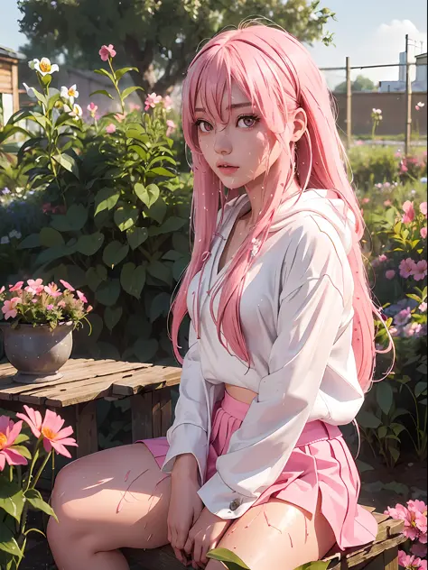 nankotobuki \ (shinobi no ko \), hoodie, realistic, 3d, wet, open clothes, flower garden, one girl with long pink hair sitting i...