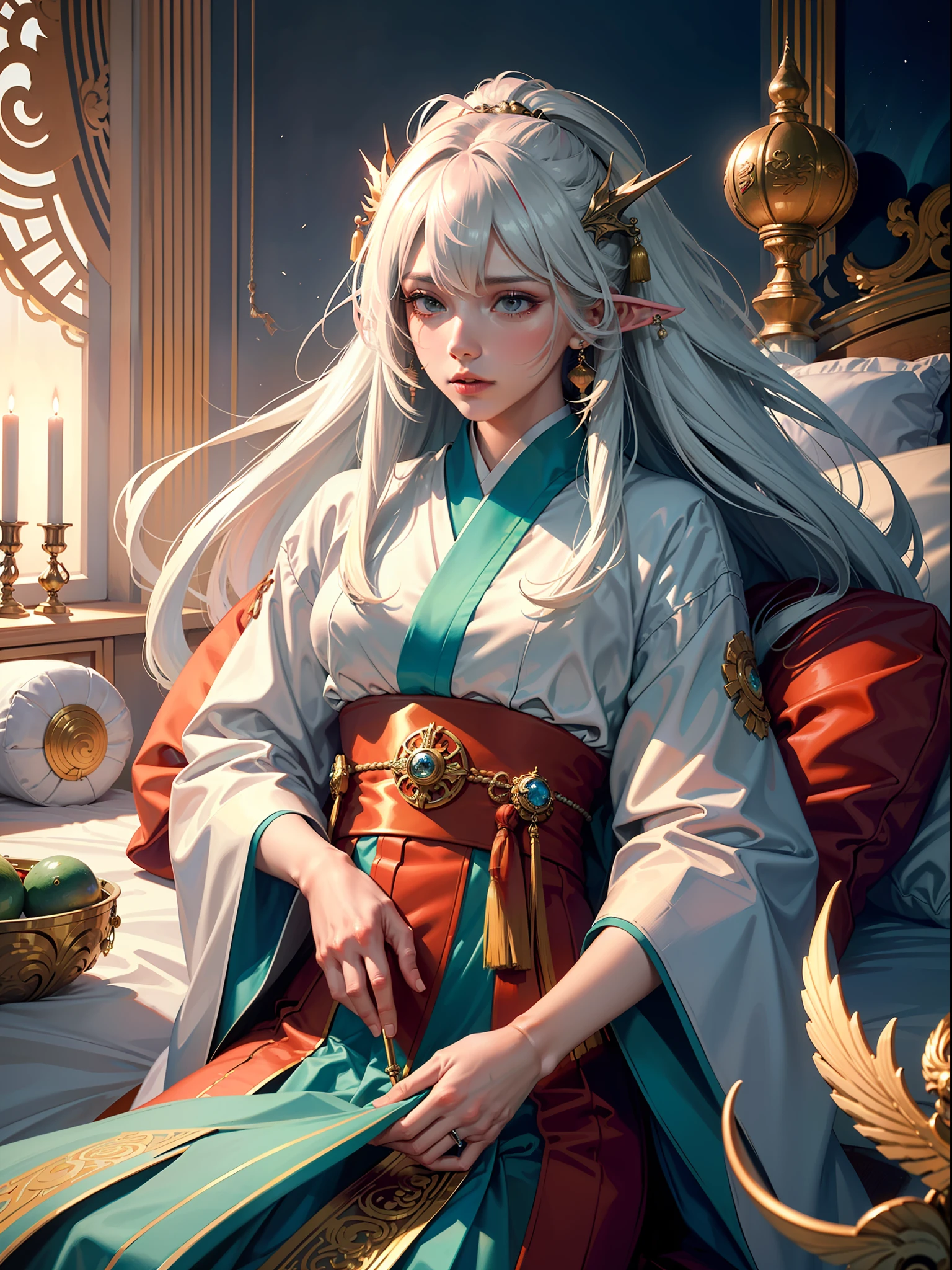 Concept Art, "1 Couple, Male Focus, Fin Ears, Multicolored Hair, Handsome Boy, Long White Hair, Tassels, Bangs, Carp, Colorful, Bold Colors, White Kimono, (Open) Kimono, Traditional Chinese Clothing, Close-up, Intimate Interaction in Bed, Stud Earrings, Rings, Sweat, Illuminate People", Colorful, Master Composition, Focus on Key Figures, Realism, Masterpiece, Award-Standing, Best Quality, Masterpiece, Ultra Detailed, 8K, Extremely Detailed CG Unity 8k wallpaper, complex, highly detailedrealistic