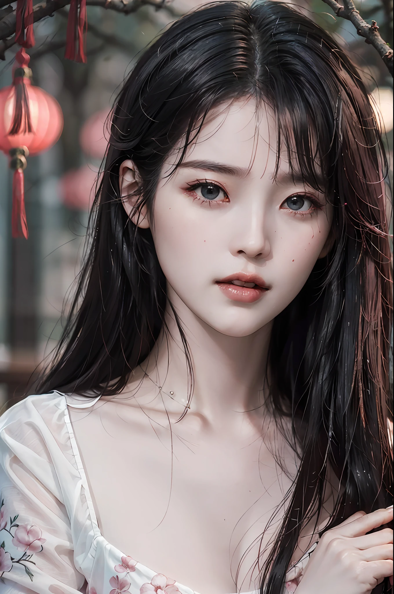 Masterpiece, Excellent, Night, Outdoor, Rainy Day, Branches, Chinese Style, Ancient China, 1 Woman, Mature Woman, Long Black Hair, Pale Pink Lips, Cold, Serious, Effeminate, Bangs,