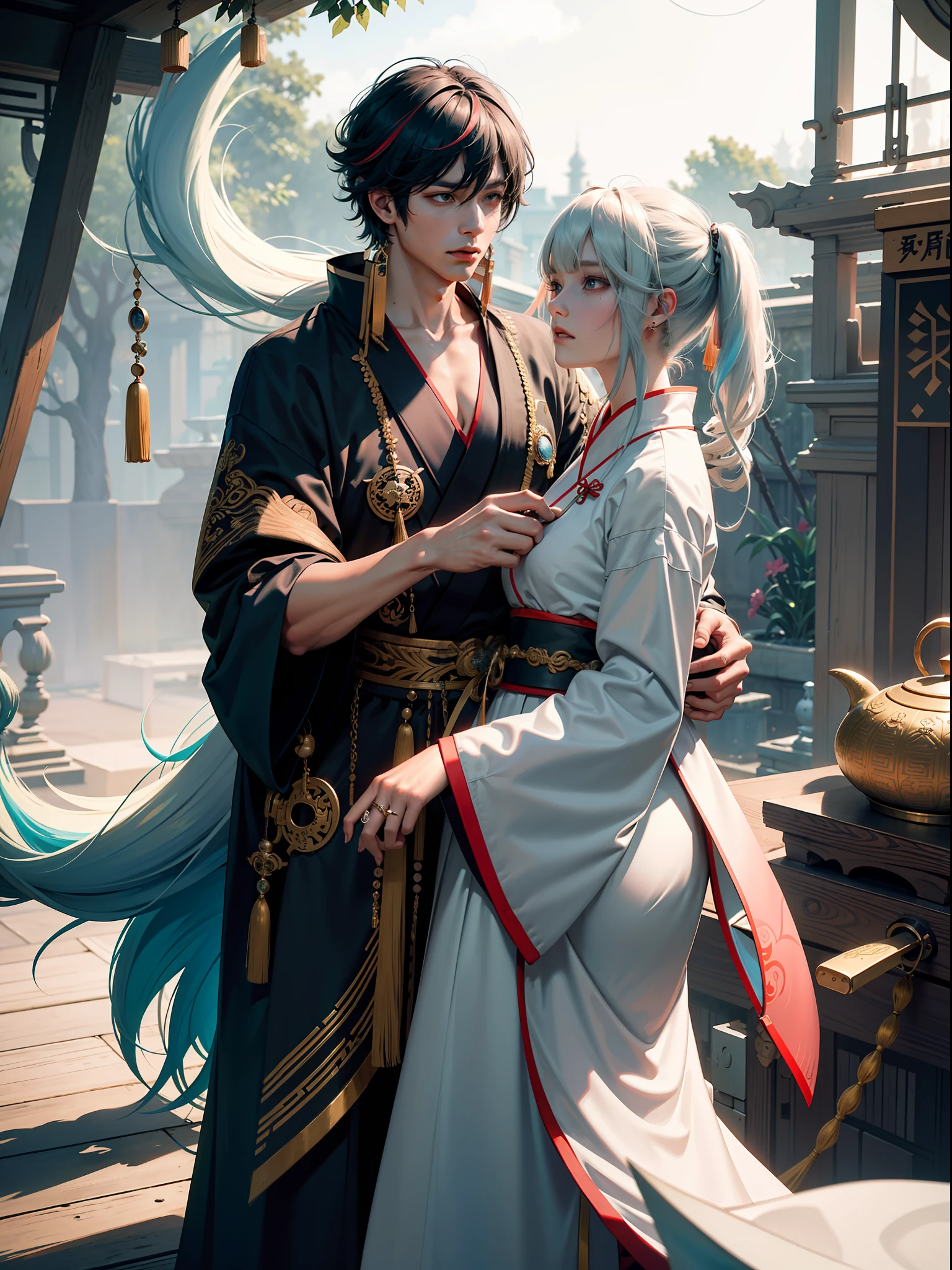 Concept Art, "1 Couple, Male Focus, Fin Ears, Multicolored Hair, Handsome Boy, Long White Hair, Tassels, Bangs, Carp, Colorful, Bold Colors, White Kimono, (Open) Kimono, Traditional Chinese Clothing, Close-up, Intimate Interaction in Bed, Stud Earrings, Rings, Sweat, Illuminate People", Colorful, Master Composition, Focus on Key Figures, Realism, Masterpiece, Award-Standing, Best Quality, Masterpiece, Ultra Detailed, 8K, Extremely Detailed CG Unity 8k wallpaper, complex, highly detailedrealistic