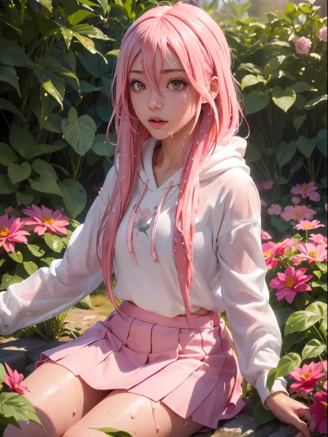 nankotobuki \ (shinobi no ko \), hoodie, realistic, 3d, wet, open clothes, flower garden, one girl with long pink hair sitting i...