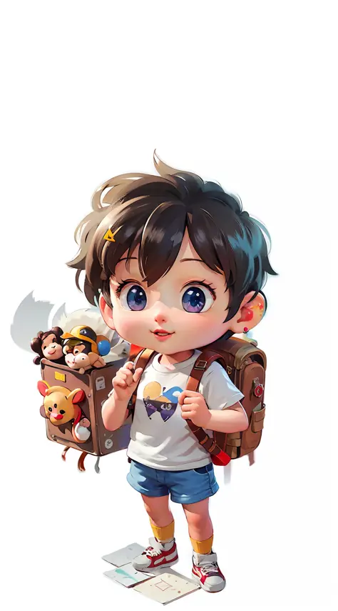 ((Best quality)), ((masterpiece)), (detailed: 1.4), 3D, cartoon boy with backpack and monkey holding a backpack, single boy conc...