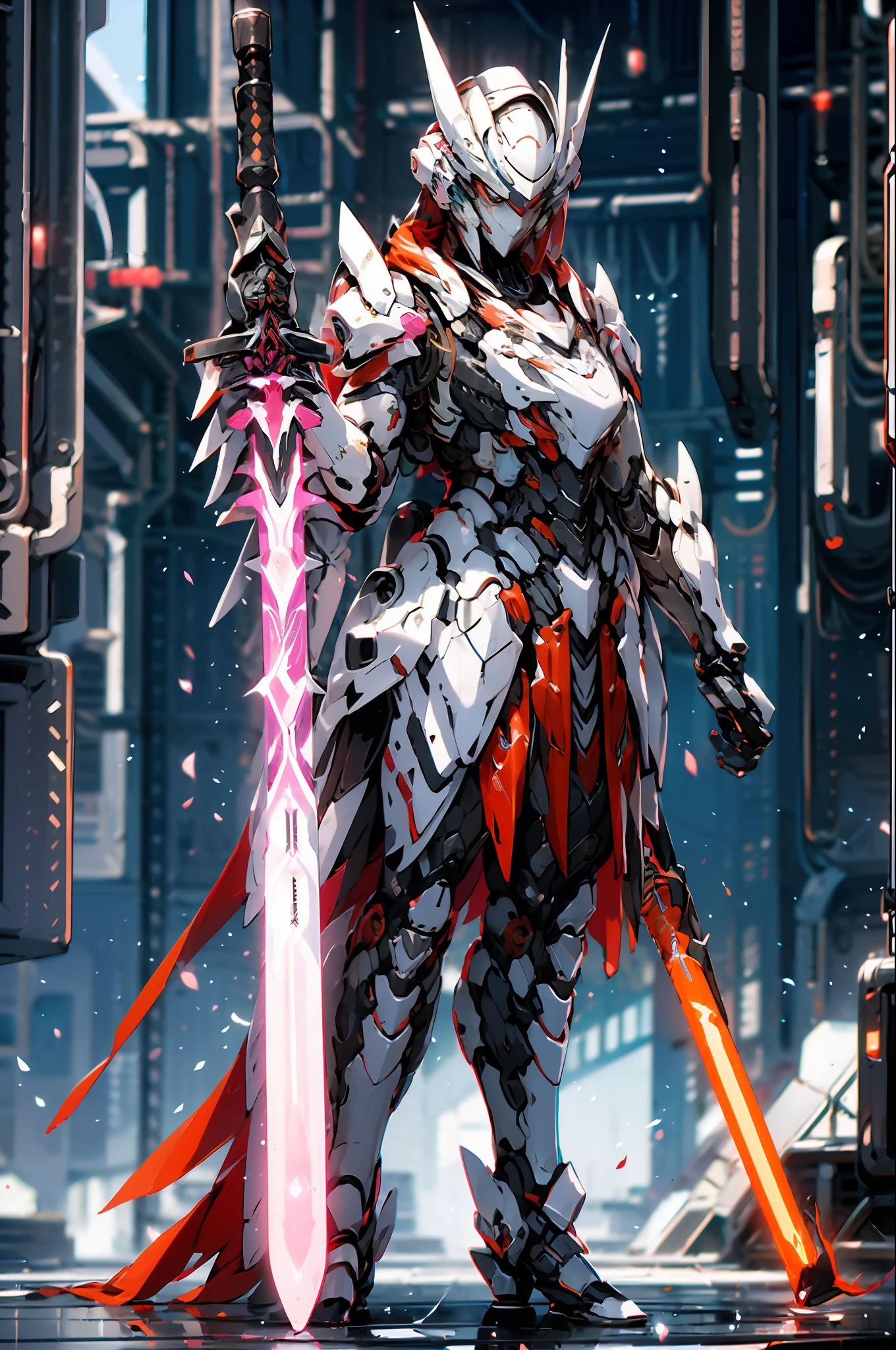 mecha_musume, 1 girl, long_hair, science_fiction, weapon, lightsaber, holding_sword, blue_eyes, solo, headdress, holding_weapon, mecha, bust, pink and white livery, angel halo, sad gaze, upper body, mermaid line,