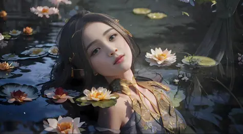 There is a woman floating in a pond, roses blooming, a girl floating in a flower field, realistic. Cheng Yi, inspired by Zhang X...