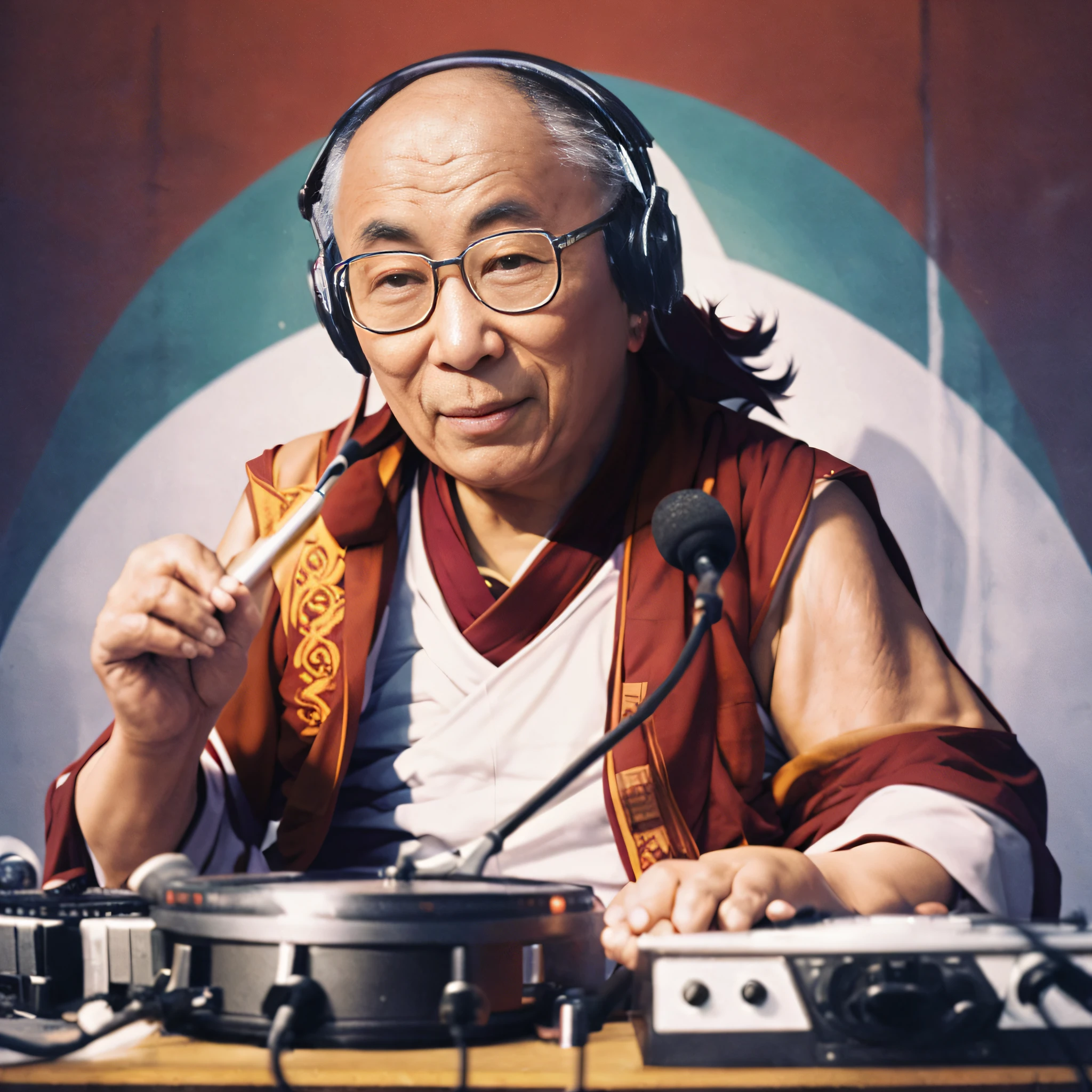 (((DALAI LAMA))) with headphones and a microphone in front of a DJ, Tekkon Kinreet, Tekkon Kinkret, Ishirō Honda, Naranbaatar Ganbold, Taoist Master, Kazuma Kaneko, Masakazu Katsura, Takayuki Takeya, Shinji Kimura, Grandmaster