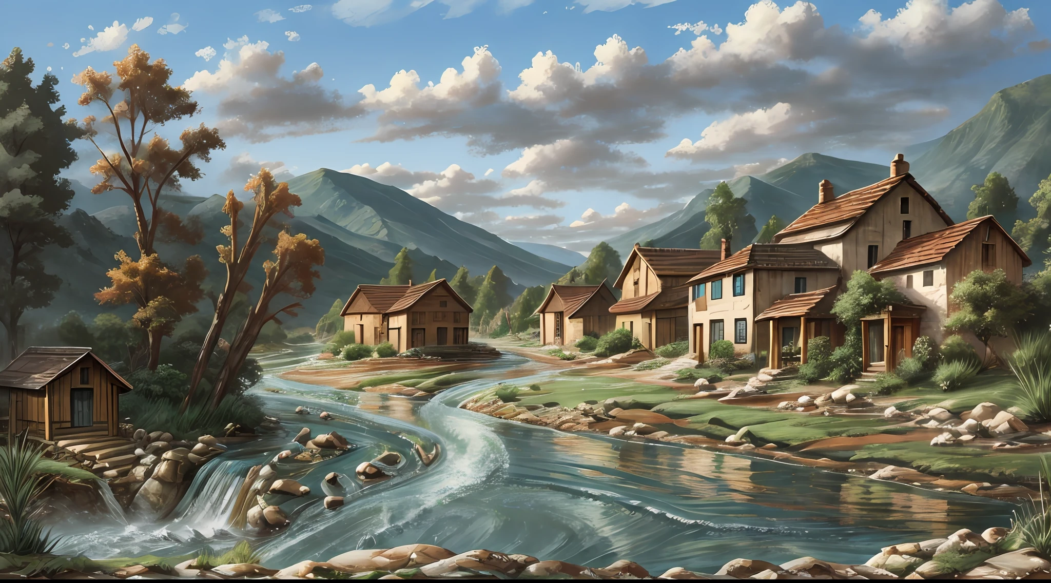 Scènes tranquilles d&#39;un village et d&#39;une rivière à l&#39;eau courante --auto --s2