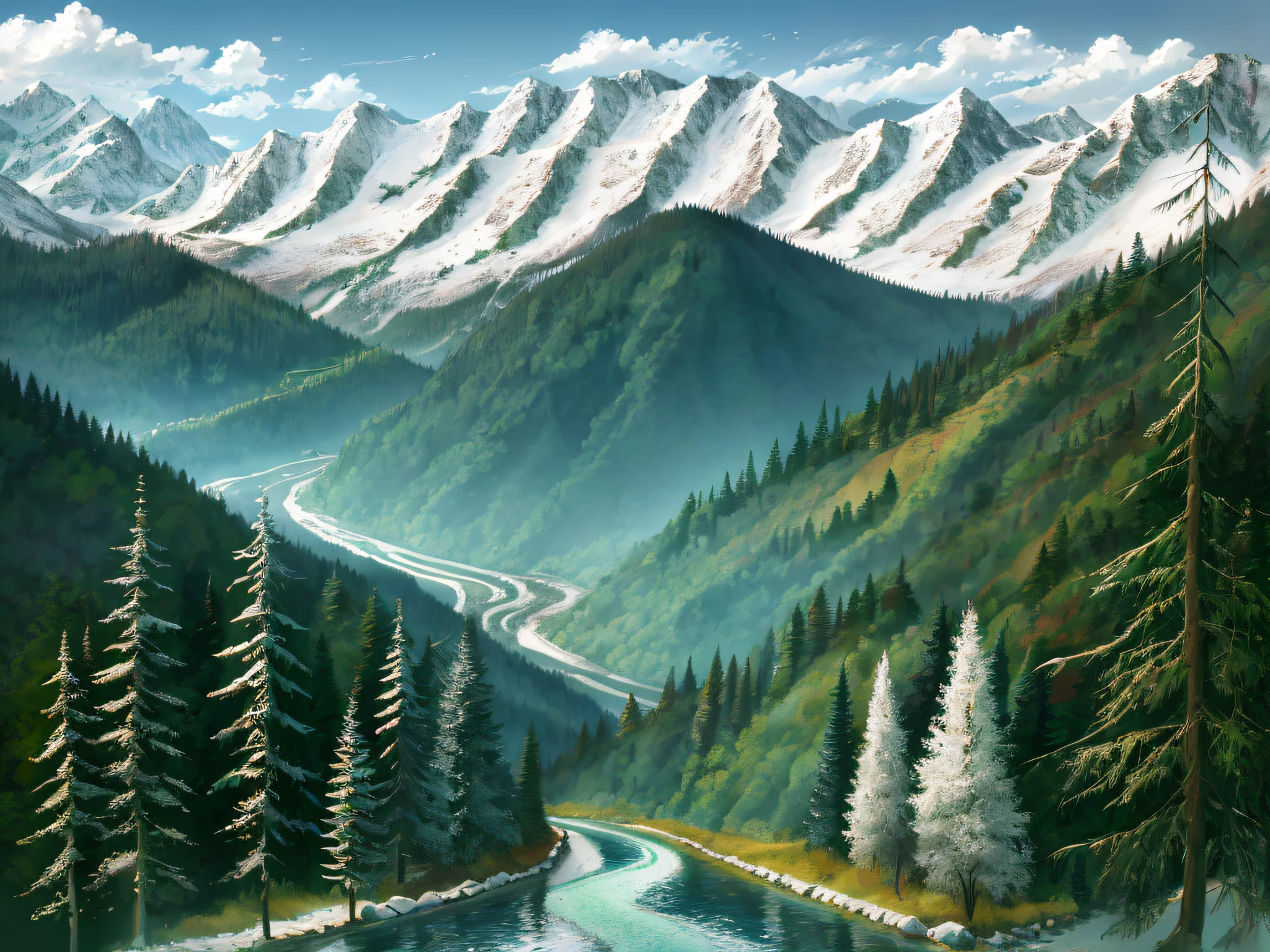 Mountains with rivers and trees, a car crossing mountains, drawn in Microsoft Paint, some mountains in the background, forest in the background, hills, hills in the background, mountain view, near the lake, scenery outside the car window, some trees in the background, in the mountains, landscape illustration