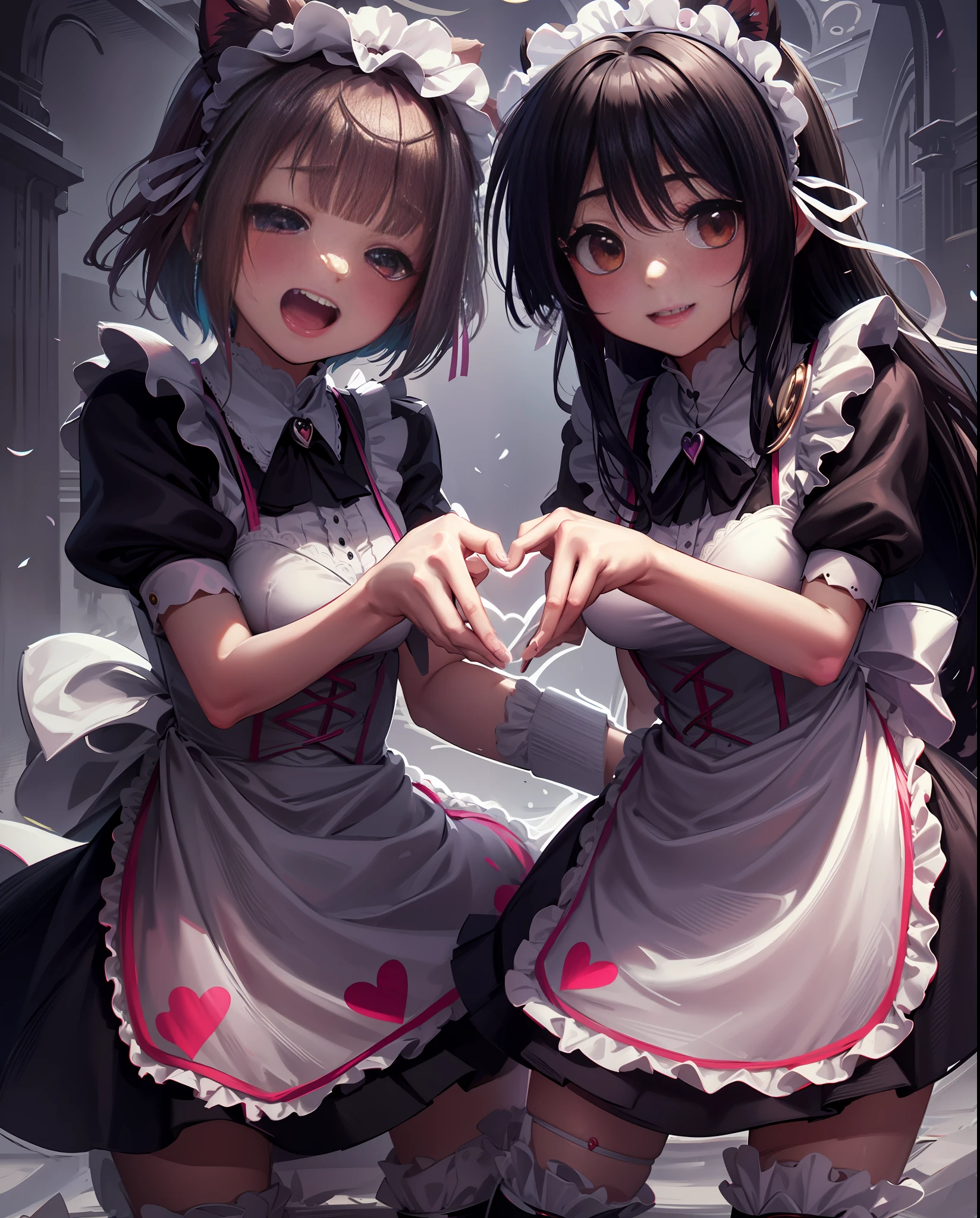 maid outfit, moe moe kyun, two girls are making heart marks with their hands, (kemono ears:1.2), midchest, smile, blush,(perfect body:1.1)(short wavy hair:1.2)full body shot,(very elaborate cg 8k wallpaper)(very elaborate cg 8k wallpaper)(very delicate and beautiful)(masterpiece)(best quality):1.0)(super high definition:1.0),[high definition],detailed skins, ultra detailed ((colorful)),