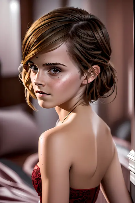 (((Emma Watson))), The tall slender adult woman stands in her dark bedroom with her back to the camera, she wears a very short d...