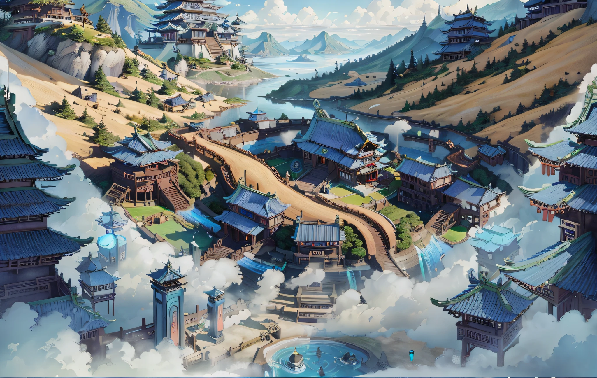 Immortal world, fairy island, sky realm, blue and white tones, science fiction style, ancient Chinese architecture