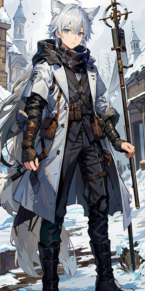 1boy, shota, (HD quality, masterpiece level), fresh and cold teenager character, holding a long-handled staff weapon, wolf ears ...