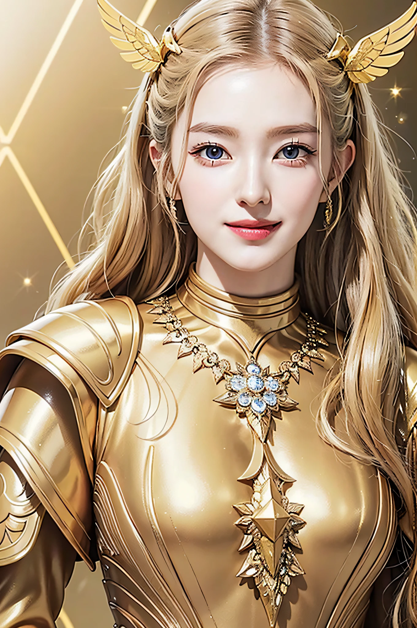 Golden diamond armor, long blonde hair, golden pupils, golden light background, golden transparent wings, diamond texture, smiling, golden eyes, flashing notes around, maiden, golden starlight, dazzling