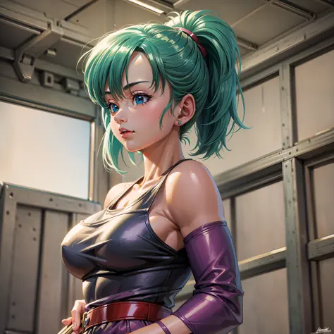 Bulma holding a super realistic and well-detailed rada with traces of the anime dragon ball Z