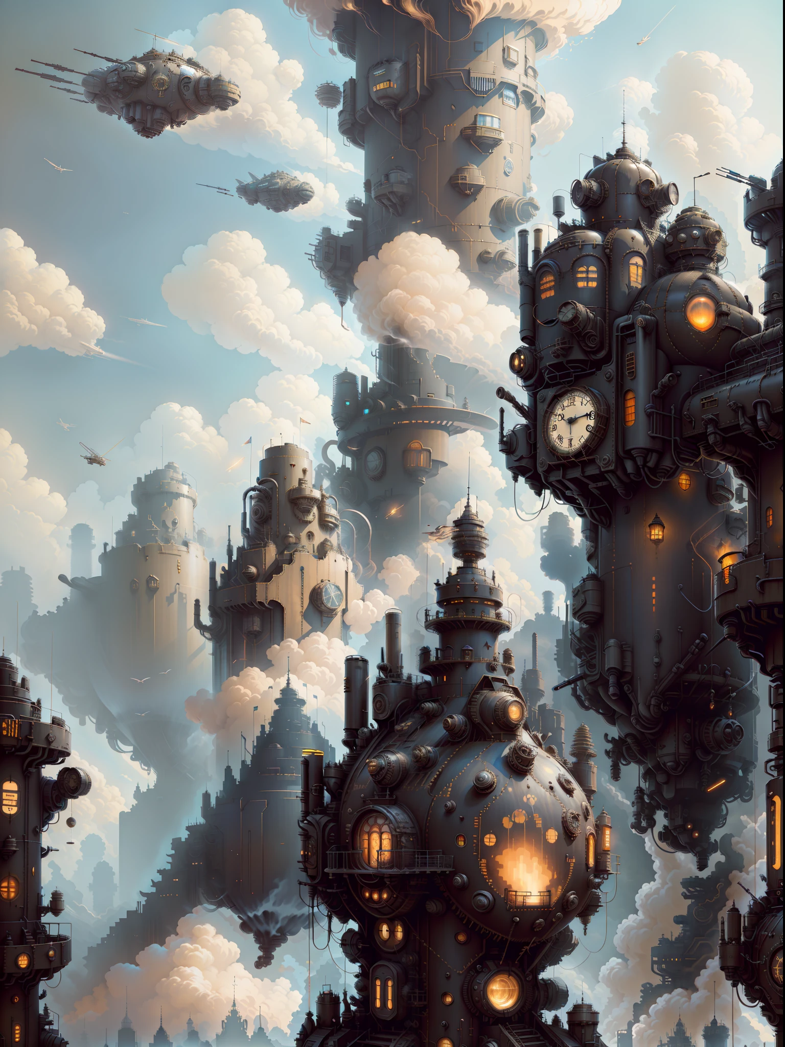 existem muitos tipos diferentes de edifícios nesta imagem, in Cidade Steampunkscape, castelo de nuvem voadora, a Cidade Steampunk, arte conceitual steampunk, castelos de vilas steampunk, mega cidade vitoriana steampunk, Cidade Steampunk, inspirado em Ian McQue, castelo real steampunk muito distante, Cidade Steampunk background, ancient Cidade Steampunk, arte conceitual digital detalhada, navios voadores em segundo plano